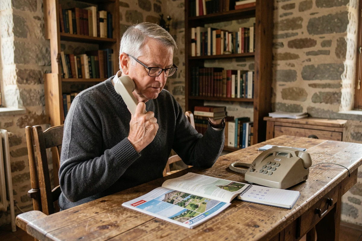 Homme senior consultant un guide téléphonique imprimé avant de composer l'indicatif international 39 pour l'Italie sur un téléphone fixe