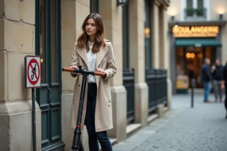 Femme parisienne regardant un panneau d'interdiction de stationnement pour trottinettes électriques sur un trottoir de Paris