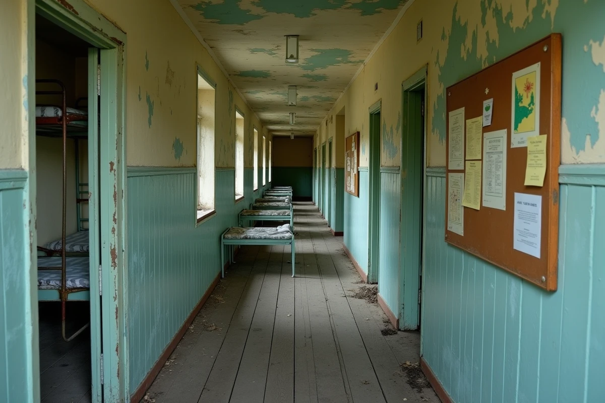 Couloir intérieur délabré d'une ancienne auberge de jeunesse abandonnée avec lits superposés rouillés et peinture écaillée