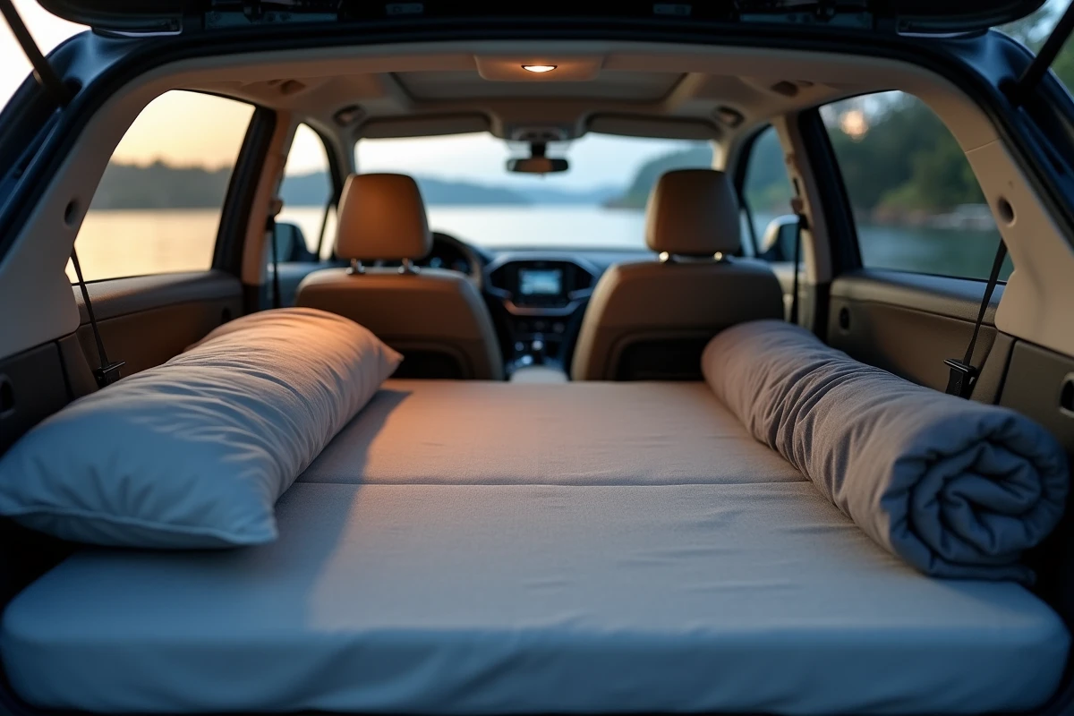 Intérieur d'un break avec sièges rabattus et matelas installé pour dormir dedans, vue sur un lac au crépuscule