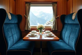 Intérieur luxueux d'un compartiment de train de luxe européen avec sièges en velours bleu marine, table dressée en porcelaine fine et verre en cristal