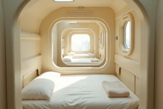 Intérieur d'un hôtel capsule japonais avec panneau coulissant givré partiellement ouvert, montrant le matelas blanc et les rangées de pods en fibre de verre