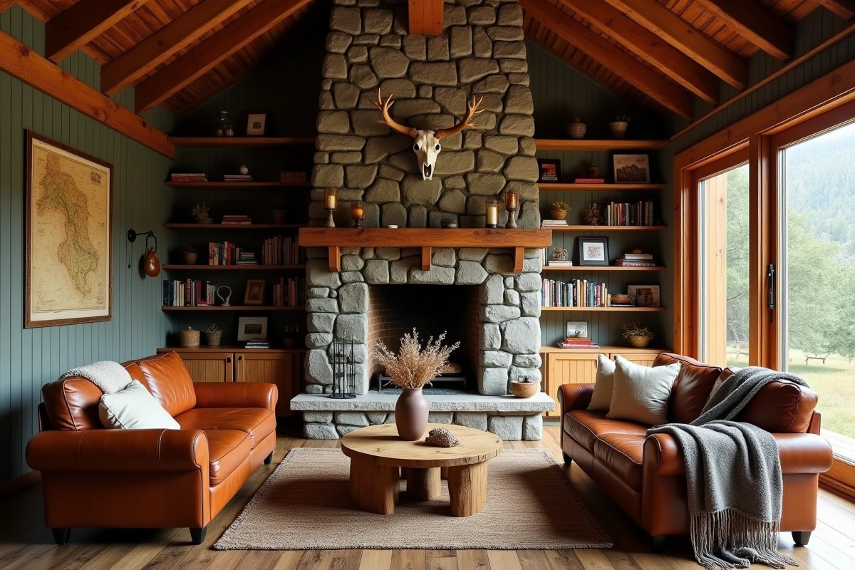 Intérieur chaleureux d'un lodge avec cheminée en pierre, poutres apparentes et fauteuils en cuir autour d'un salon rustique
