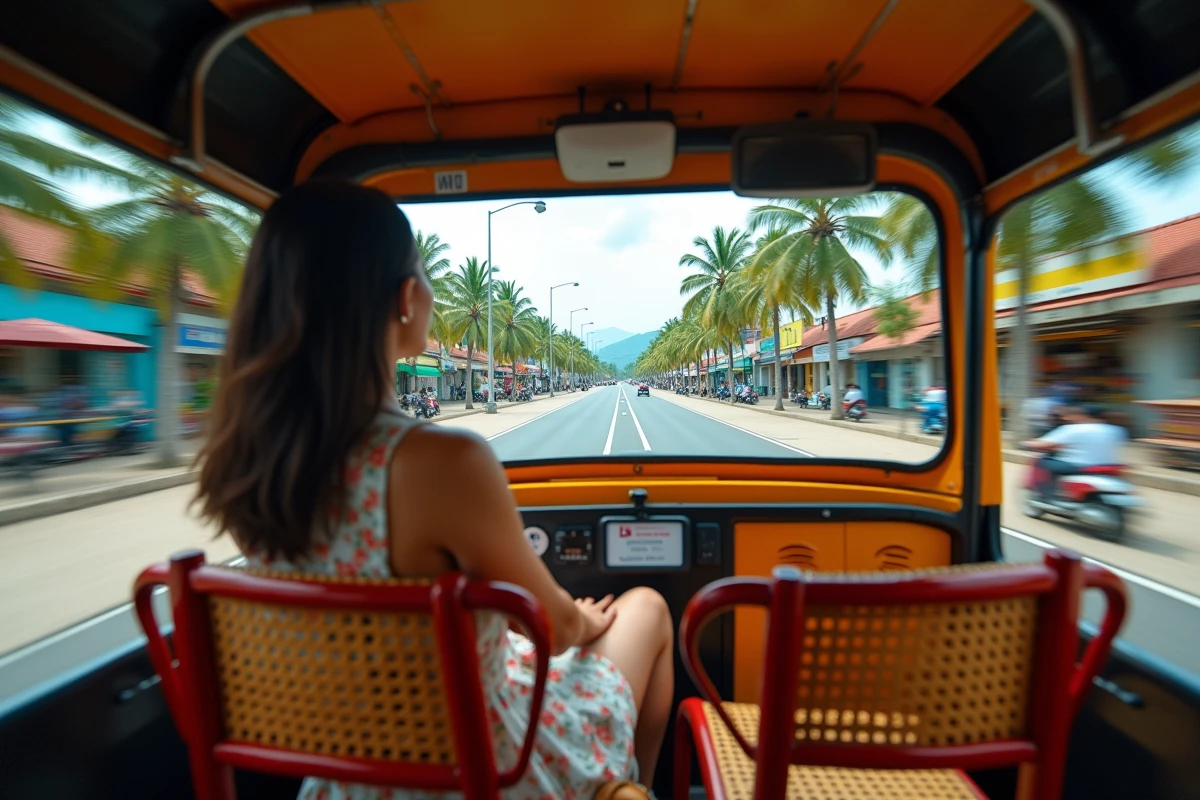 Vue depuis l'intérieur d'un tuk tuk en mouvement sur une route côtière de Phuket avec une touriste regardant le paysage défiler