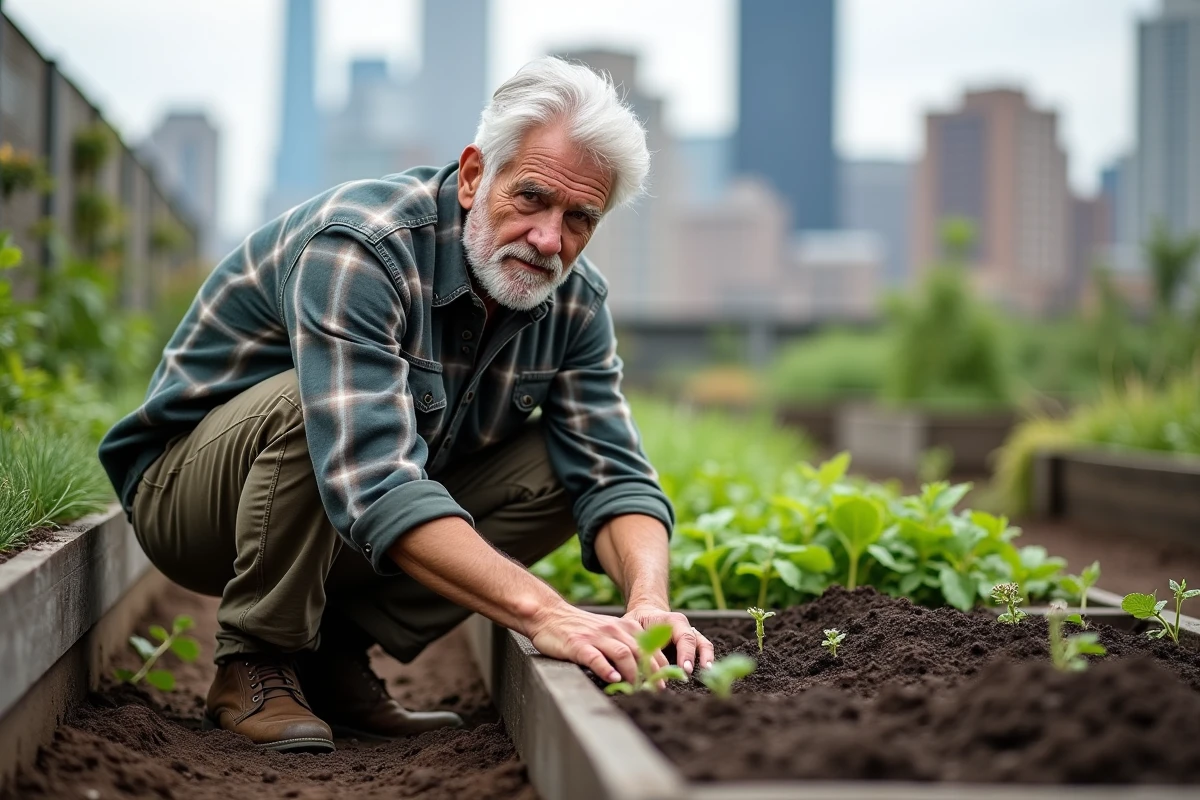 Homme d'âge mûr jardant sur un toit urbain, symbole de durabilité et d'espoir pour un avenir écologique et solidaire