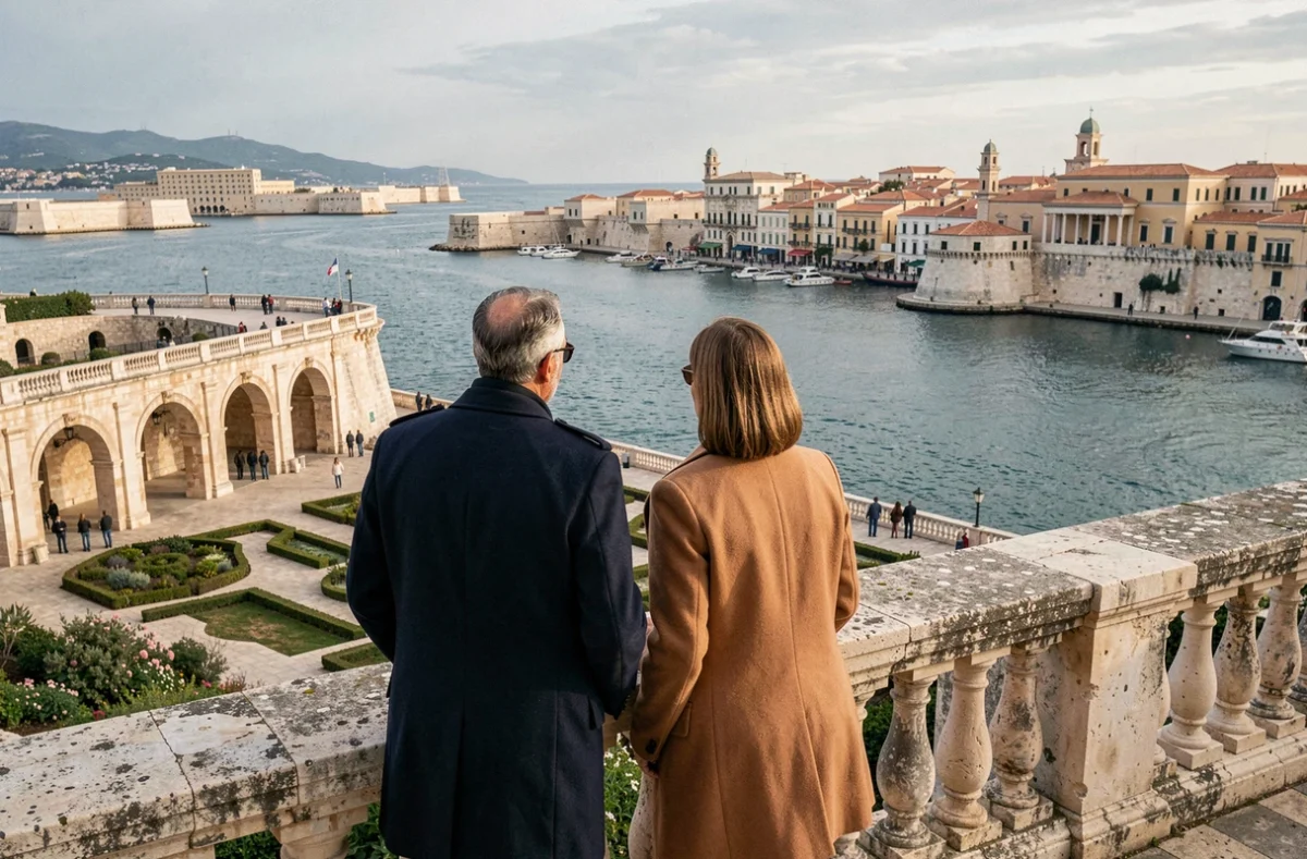 Couple admirant le Grand Port de La Valette depuis les jardins Upper Barrakka en hiver sous un ciel bleu clair