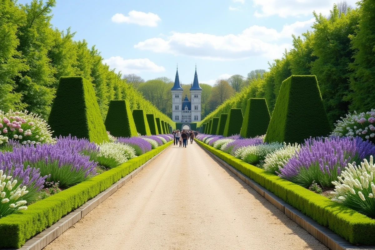 Jardins en fleurs du Festival International des Jardins de Chaumont-sur-Loire au printemps, allées et installations végétales artistiques