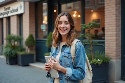 Jeune femme devant une école de langue lors d'un séjour linguistique à l'étranger