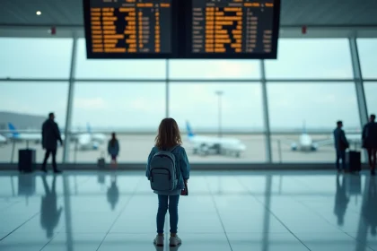Jeune fille de 10 ans avec un sac à dos devant un tableau des départs dans un aéroport moderne