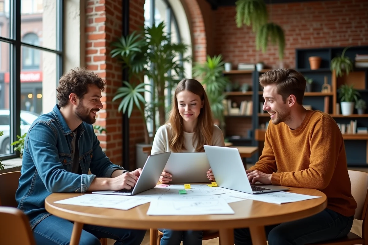 Groupe de jeunes adultes collaborant dans un espace de coworking moderne, représentant la créativité et l'innovation pour l'avenir
