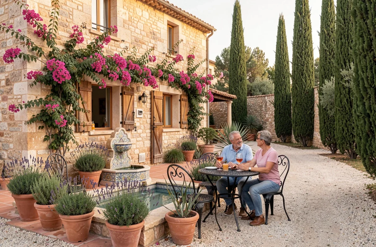 Mas provençal converti en camping de charme à Martigues avec bougainvilliers, piscine naturelle et couple dégustant du rosé