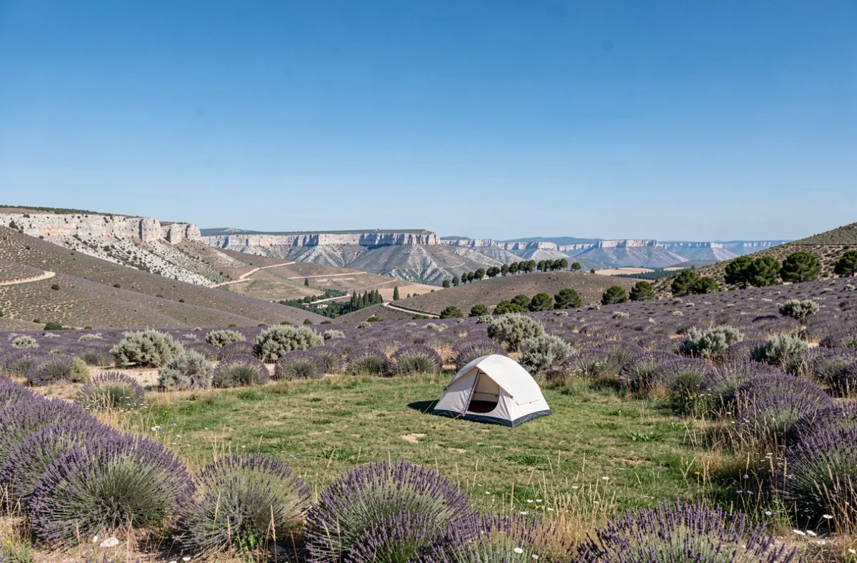 Tente solitaire dans une prairie de lavande avec vue panoramique sur les collines de Haute-Provence au camping Le Soleil du Verdon