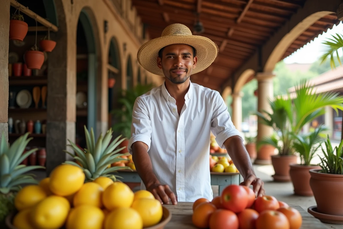Vendeur nicaraguayen arrangeant des fruits tropicaux dans un marché colonial de León, ancienne capitale culturelle du Nicaragua
