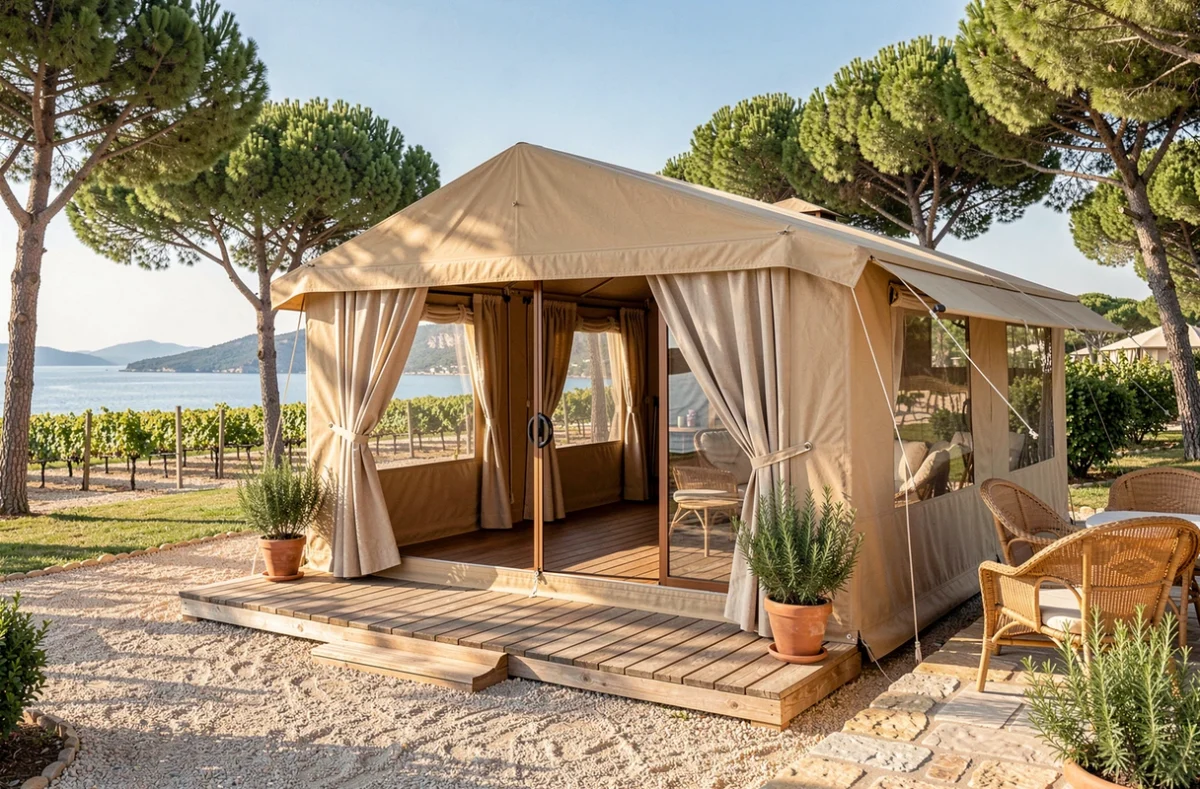 Tente de glamping de luxe aux Tournels à Ramatuelle avec vue sur le golfe de Saint-Tropez et les vignes provençales