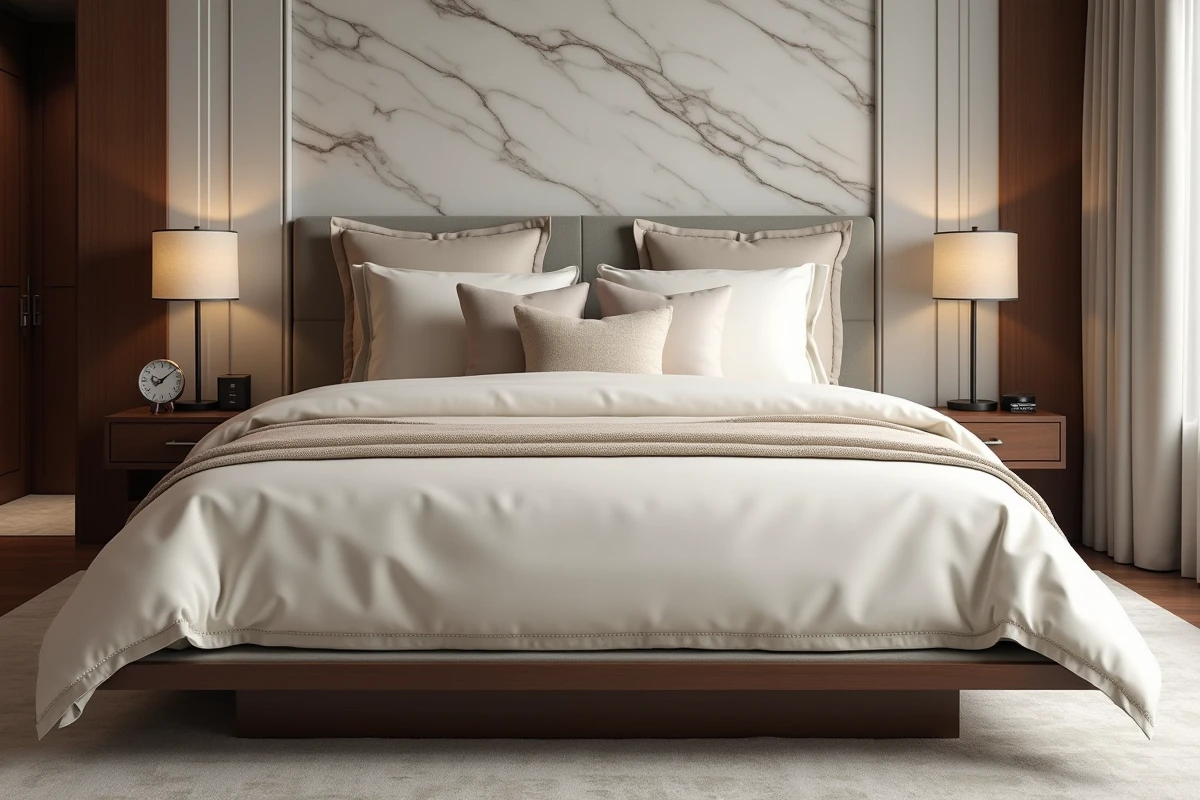 Lit king size dans une suite hôtelière de luxe avec literie ivoire, mur en marbre et cadre en noyer foncé