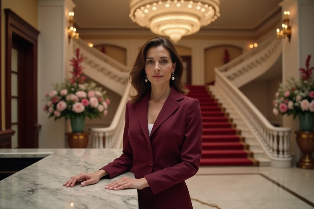 Réceptionniste en uniforme dans le lobby élégant d'un hôtel de luxe avec comptoir en marbre et grand escalier