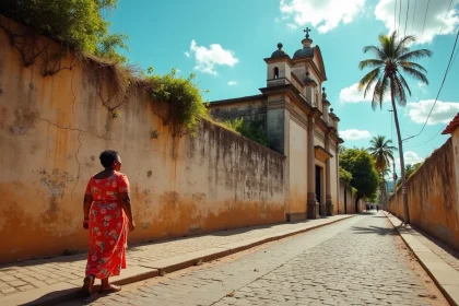 Femme nicaraguayenne en robe fleurie marchant devant les ruines de l'ancienne cathédrale de Managua, capitale politique du Nicaragua