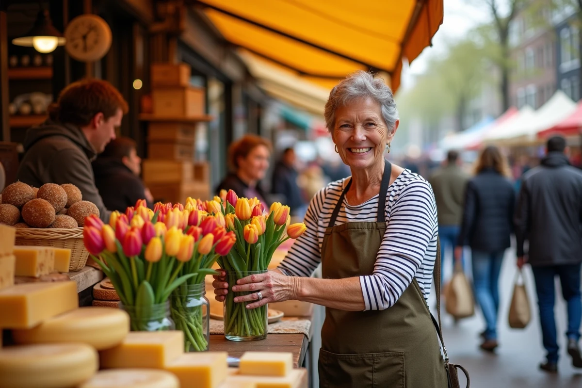 Vendeuse de fleurs et de fromages au marché Albert Cuyp dans le quartier De Pijp à Amsterdam