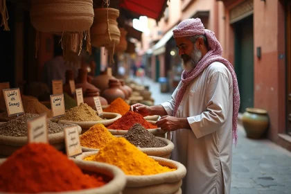 Vendeur de souks marocain proposant des épices colorées à prix abordable dans la médina de Marrakech