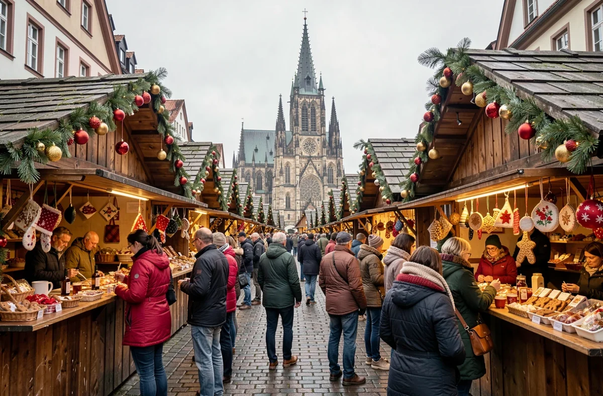 Marché de Noël animé de Strasbourg avec les chalets décorés et la cathédrale en arrière-plan