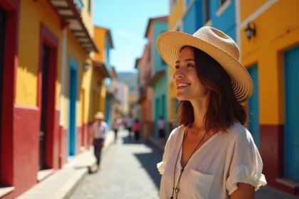 Femme en robe de lin dans le quartier coloré de La Boca à Buenos Aires, Argentine, parfait pour voyager en automne austral