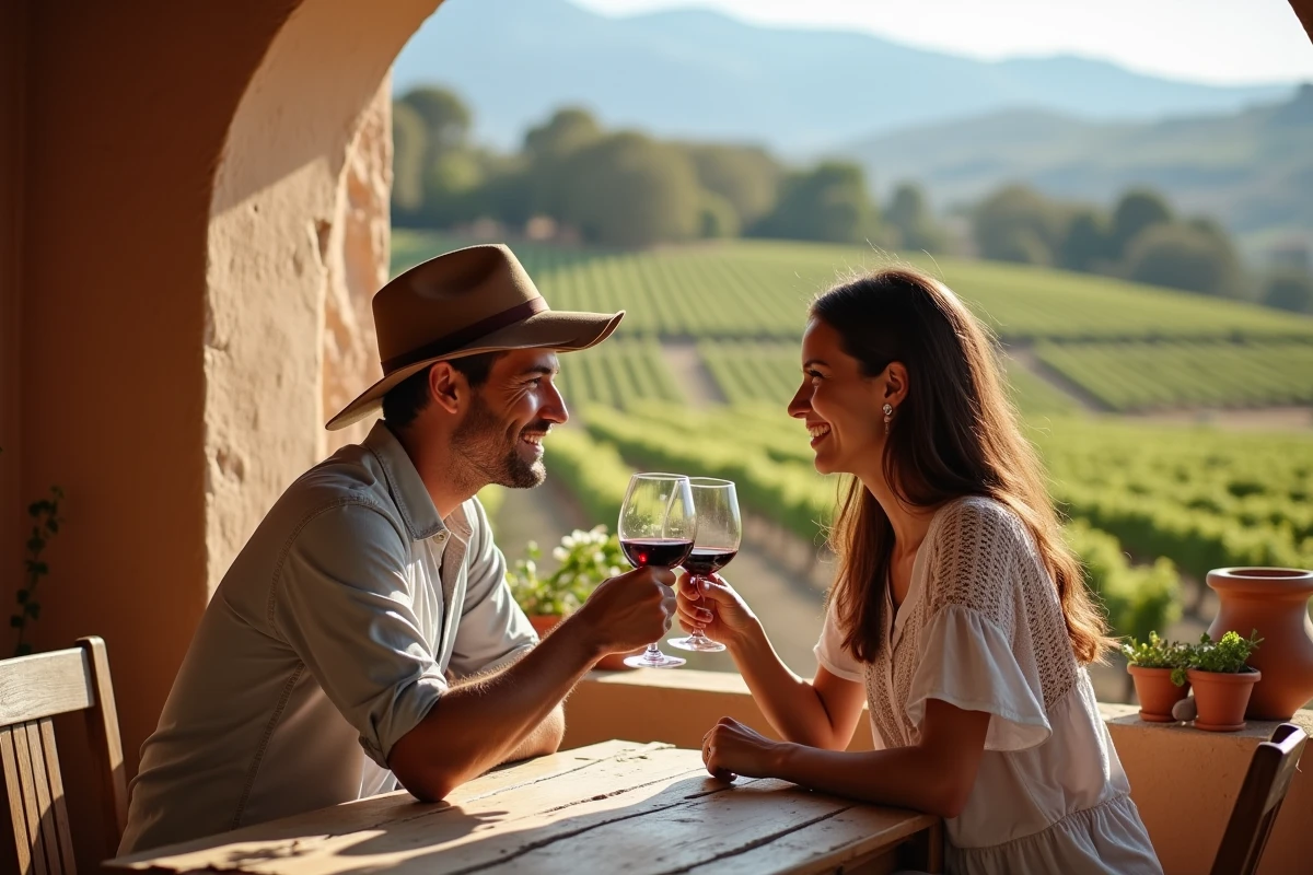 Couple dégustant du vin Malbec en terrasse d'une bodega à Mendoza en Argentine, région idéale à visiter pendant la saison des vendanges