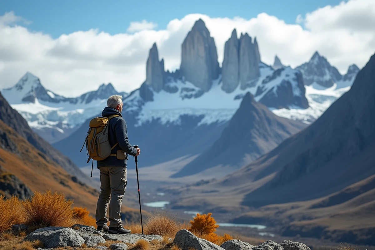 Randonneur contemplant les sommets de la Patagonie argentine depuis un belvédère rocheux, idéal pour visiter Torres del Paine au printemps