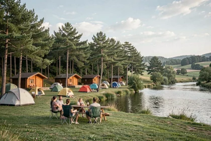 Vue panoramique d'un camping verdoyant dans l'Ain avec rivière, tentes et chalets en bois entourés de forêts