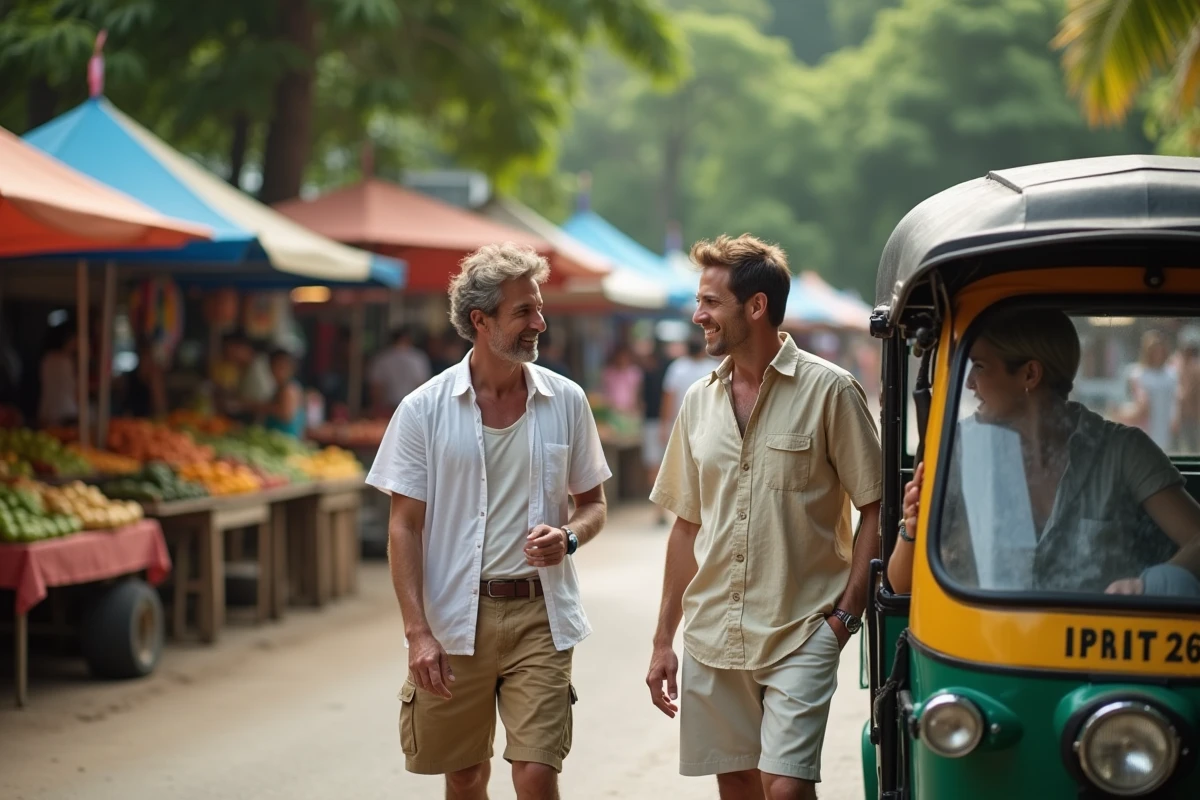 Un couple de touristes occidentaux en train de négocier le prix d'une course en tuk tuk avec un chauffeur devant un marché de Phuket