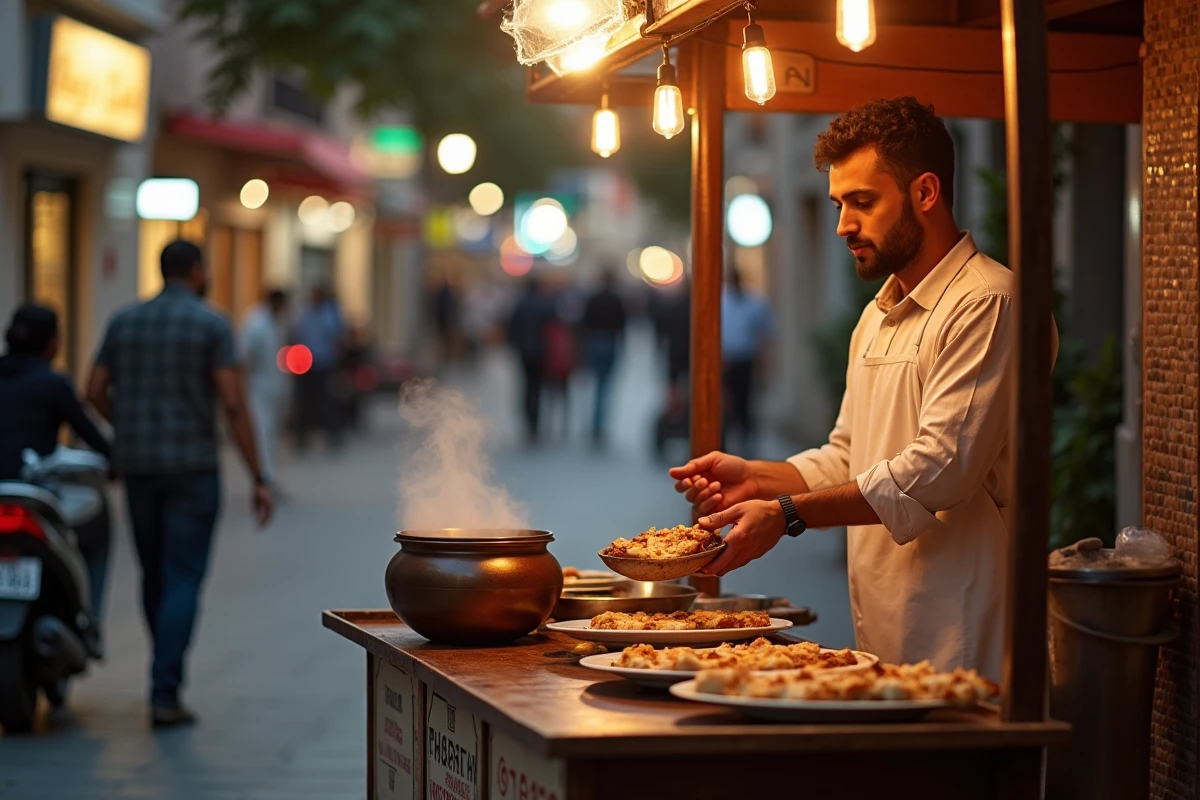 Stand de nourriture de rue marocaine proposant de la harira et du pain à prix très bas à Casablanca