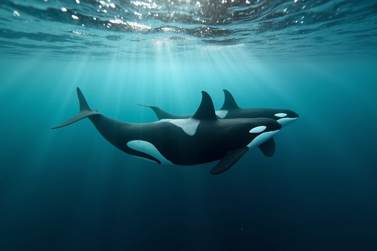Pod d'orques nageant en formation sous la surface des eaux arctiques norvégiennes vues depuis un angle sous-marin
