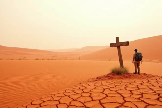 Paysage désertique aride de l'outback australien avec une silhouette humaine isolée, illustrant l'éloignement et les conditions extrêmes de vie en Australie