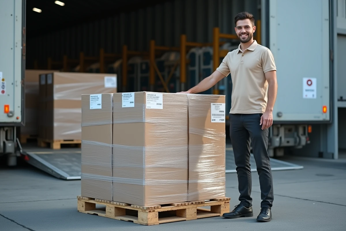 Coordinateur d'expédition supervisant une palette d'articles fragiles emballés et prêts pour le fret aérien dans un terminal cargo