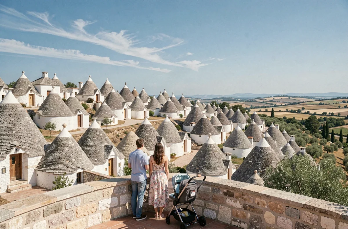 Vue panoramique sur les toits coniques des trulli d'Alberobello avec un couple et une poussette au premier plan