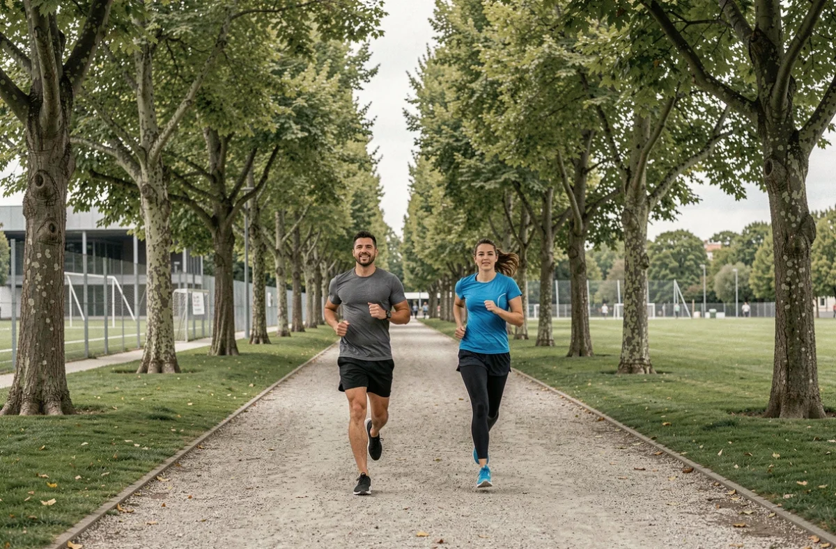 Deux adultes faisant du jogging dans les allées arborées du Parc du Tremblay à Champigny-sur-Marne