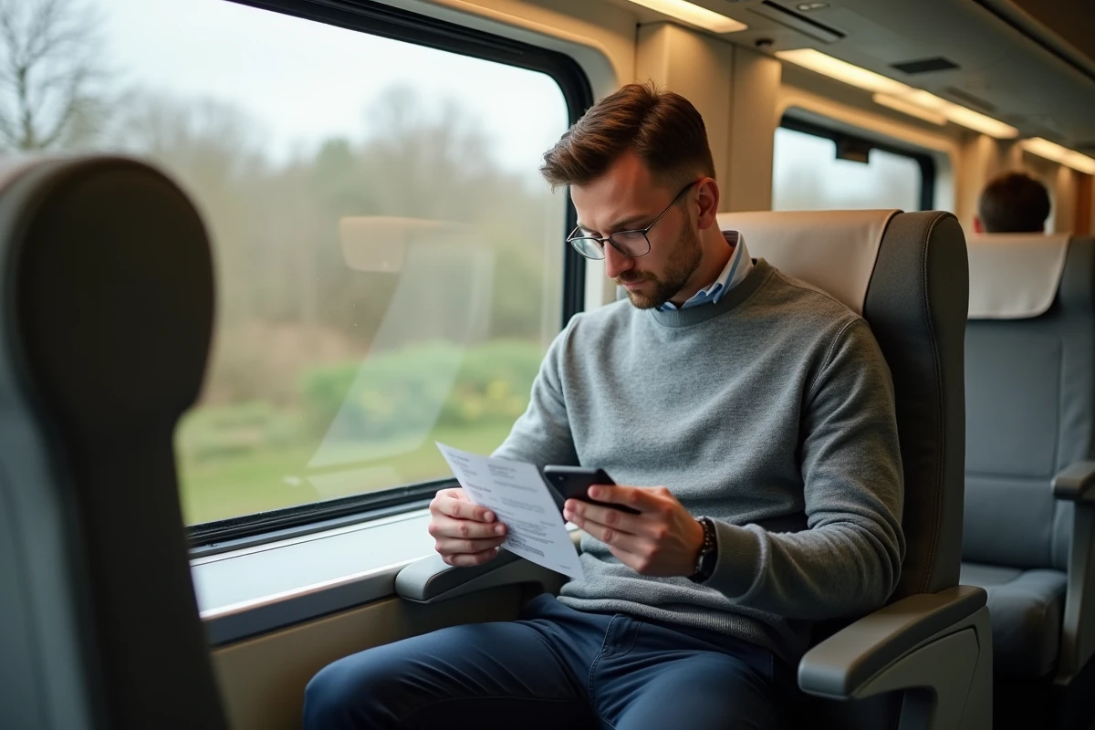 Passager consultant son billet et sa réservation Eurostar à bord du train entre Londres et Paris
