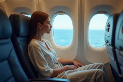 Passagère regardant par le hublot d'un avion en vol vers Tahiti au-dessus du Pacifique
