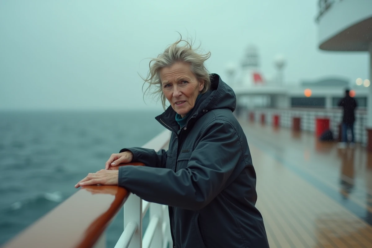 Femme agrippée à la rambarde d'un paquebot par mauvais temps, symbolisant l'inconfort des croisières pendant les périodes de tempête ou de houle