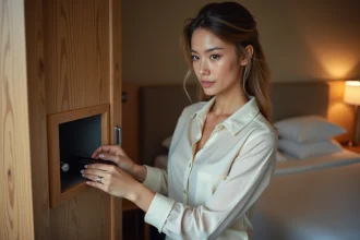 Femme déposant son passeport dans un coffre-fort d'hôtel