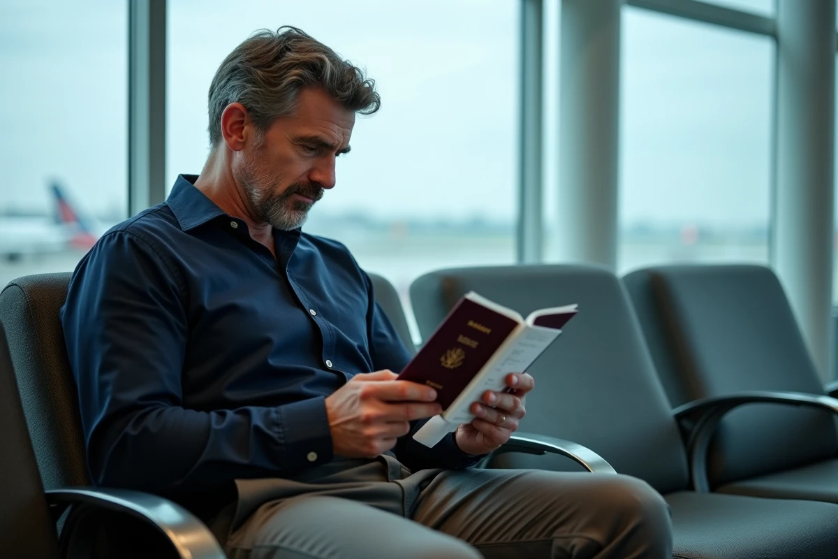 Homme examinant la date d'expiration de son passeport dans une salle d'attente d'aéroport avant son vol