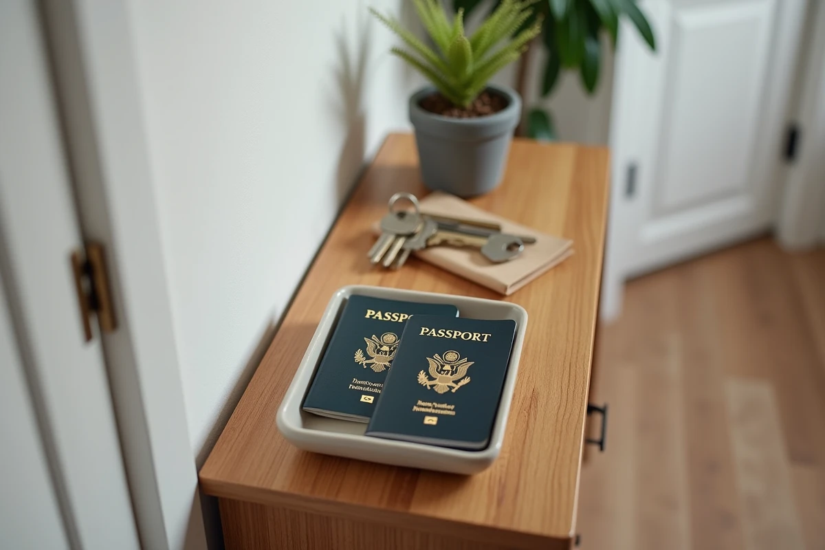 Passeports et clés déposés dans une coupelle à l'entrée d'un appartement