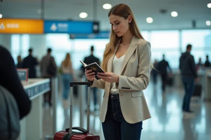 Femme tenant un passeport à un comptoir d'enregistrement d'aéroport international avec une expression préoccupée