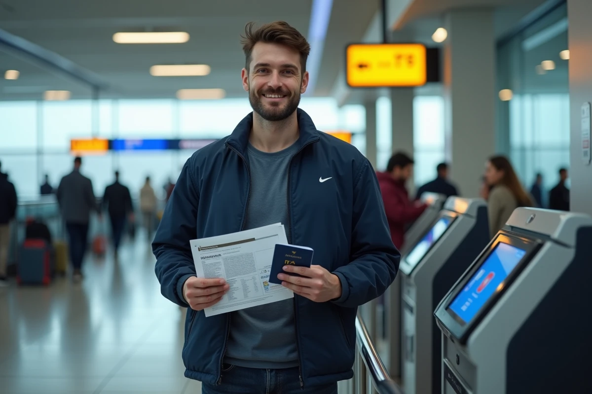Homme tenant son passeport et sa confirmation de visa ETA à l'aéroport avant un vol pour l'Australie