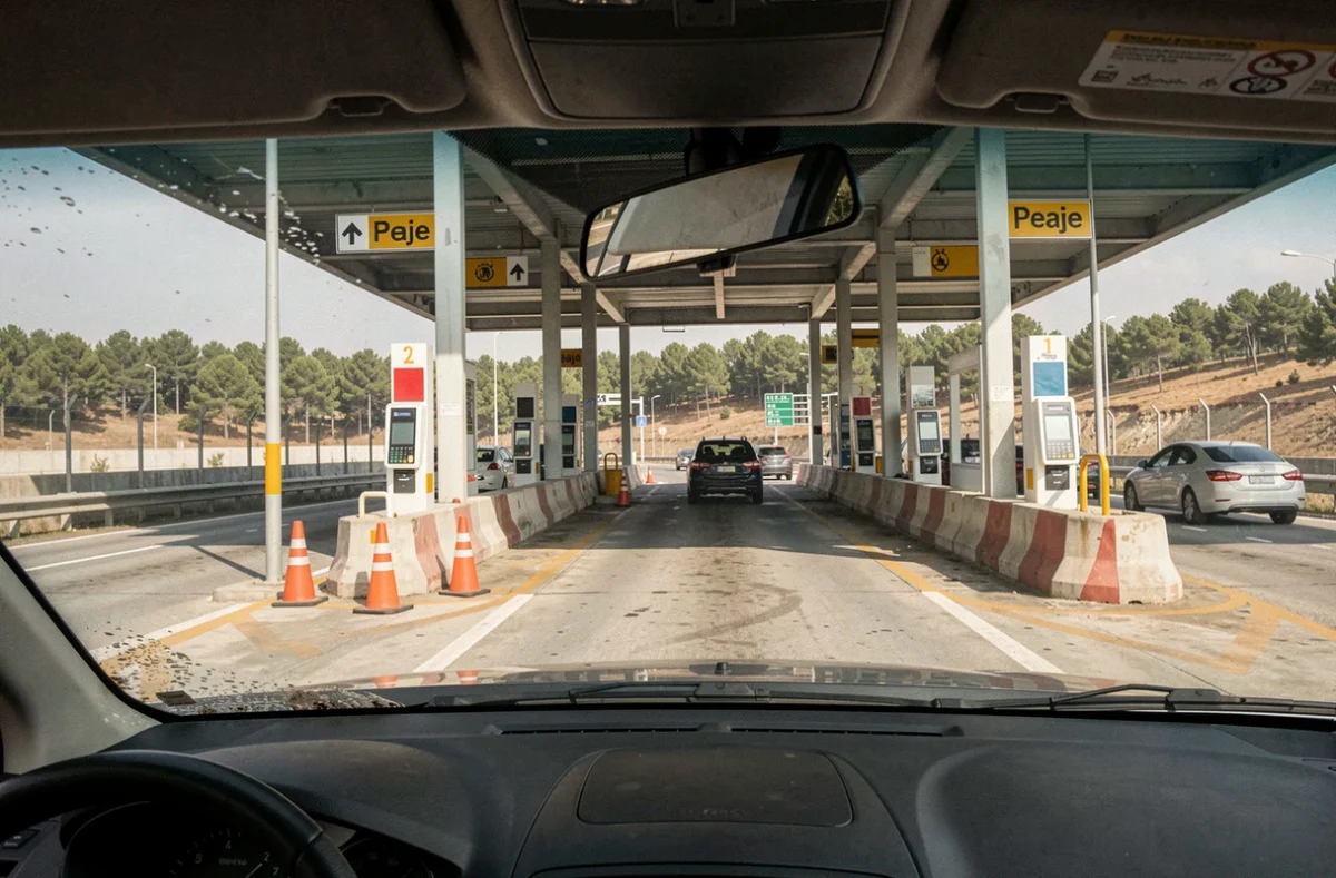 Vue depuis l'intérieur d'une voiture arrivant à un péage d'autoroute espagnole avec panneau Peaje et barrière de contrôle
