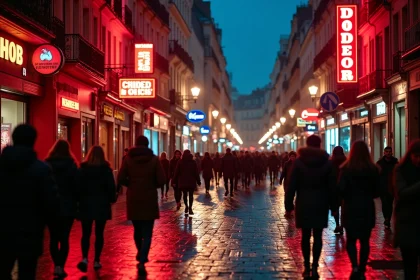 Rue animée de Pigalle la nuit avec néons et piétons sur les pavés mouillés à Paris