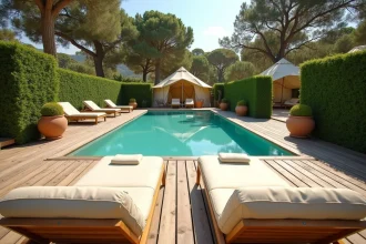 Piscine élégante d'un camping 5 étoiles avec transats haut de gamme et tentes glamping en arrière-plan