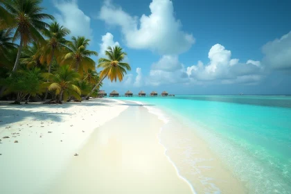 Plage paradisiaque aux Maldives avec sable blanc immaculé, eau turquoise cristalline et bungalow sur pilotis en arrière-plan