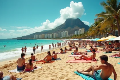 Plage de Waikiki bondée en haute saison touristique à Hawaï avec Diamond Head en arrière-plan