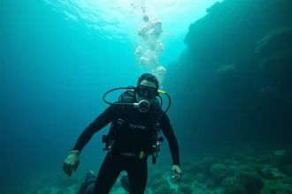 Plongeur en combinaison noire remontant lentement sous l'eau avec des bulles d'air, illustrant la règle de sécurité en plongée
