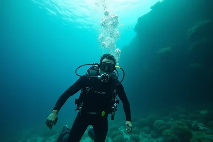 Plongeur en combinaison noire remontant lentement sous l'eau avec des bulles d'air, illustrant la règle de sécurité en plongée